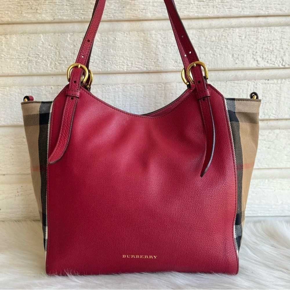 BURBERRY Haymarket Canterbury E Stripe berry Leather handbag